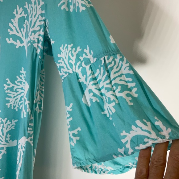 Escapada Swim Cover-Up Turquoise Blue White Coral Pattern Long Sleeve Size Med - Picture 10 of 16